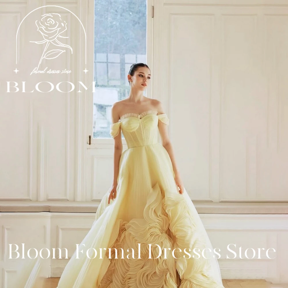 

Bloom Customized Yellow Off - Shoulder Ball Gown Ruffled Detailing Elegant Formal Dress Stylish Unique Glamorous Attractive