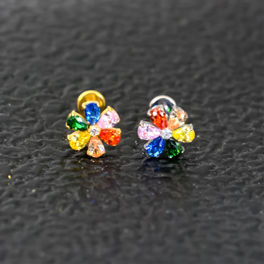 1Pc Spliced zircon Flower Body Jewelry G23 Titanium Colorful CZ Lip Labret Bar Ear Helix Tragus Rook Bar Stud Body Piercing Jewe