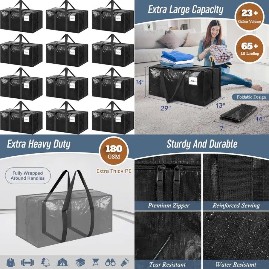 

Extra Heavy Duty Large Moving Bags with Strong Zipper and Comfortable Handles, Sturdy and Durable Clothes Storage Bags Totes Bi
