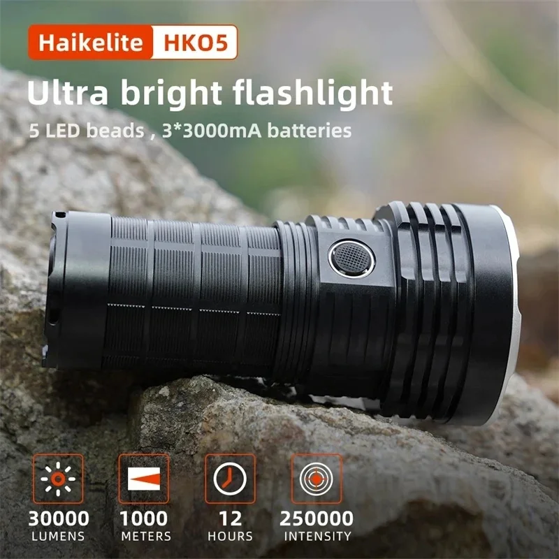 HaikeLite HK05 Powerful LED Torch 30000LM 1000M Long Range Flashlight Type-C PD Power Bank IPX7 Waterproof Search Light