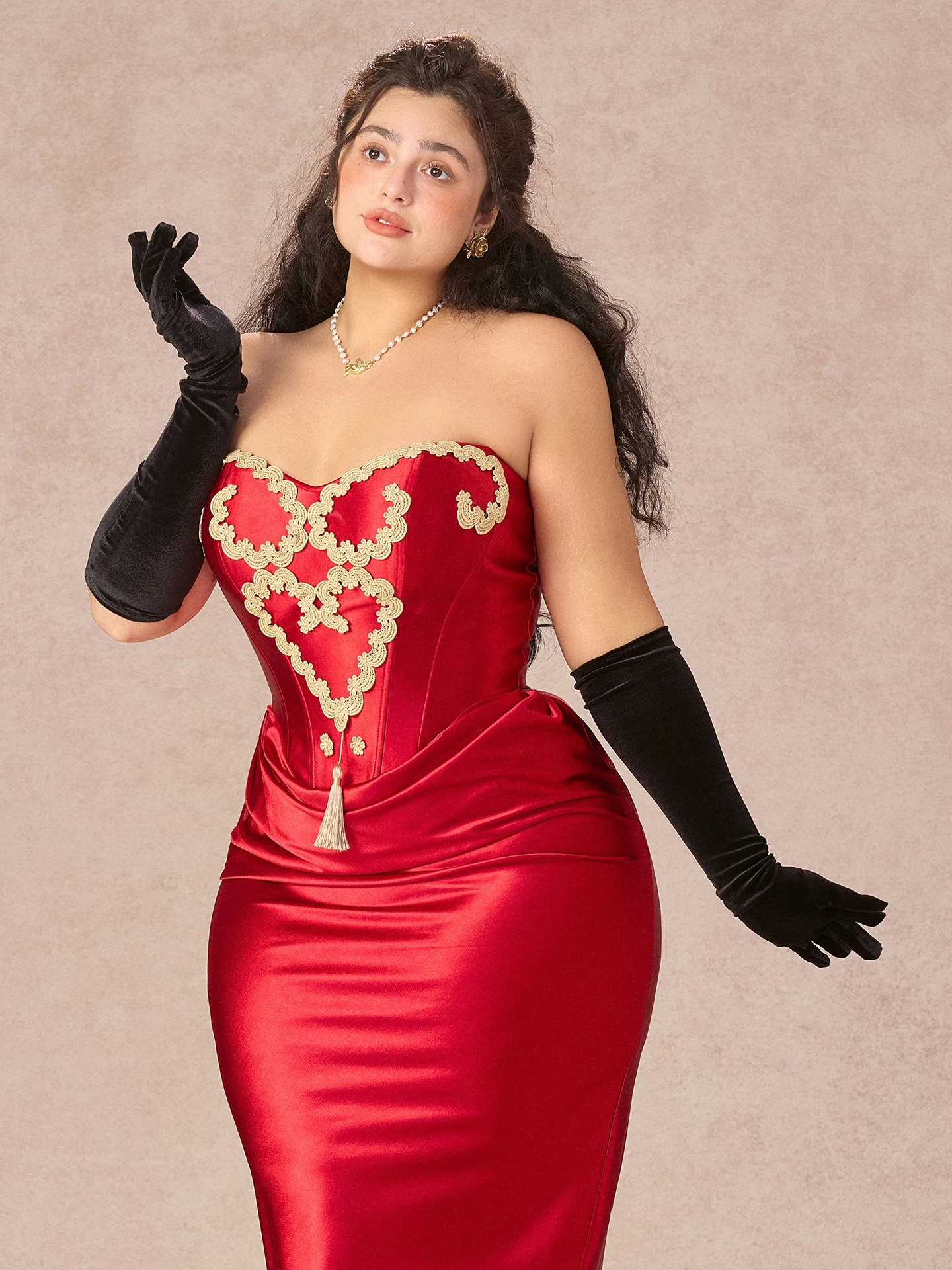 

Red Lace Heart Queen Vintage Fibone Strapl Dr Women's plus Size Drinking Ceremony Dr mid Waist Embroidered Skirt