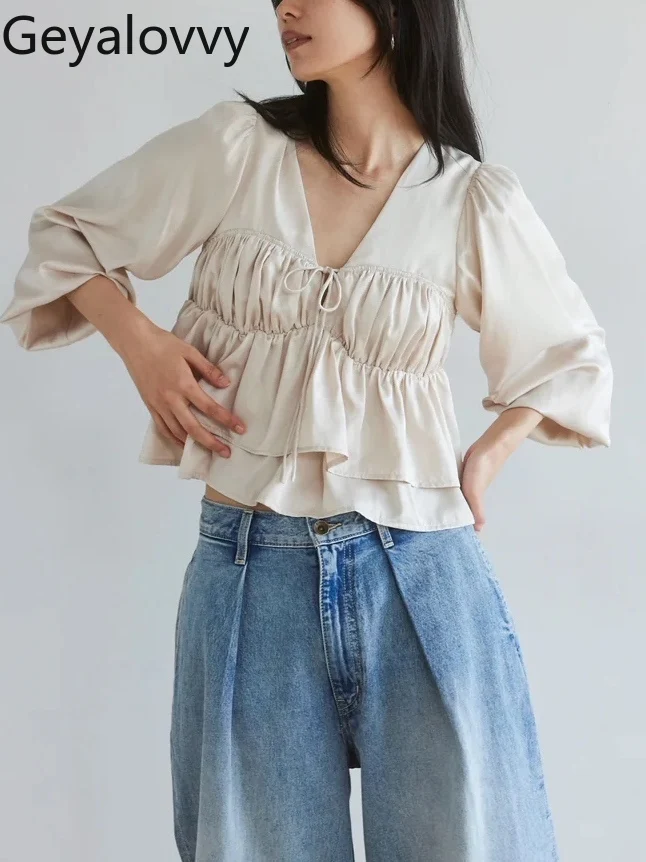 اليابانية 2025 صيف جديد رقيقة مريحة الخامس الرقبة قميص الفتيات الحلو تنوعا بلوزة بلون مطوي كشكش حافة الدانتيل متابعة #2