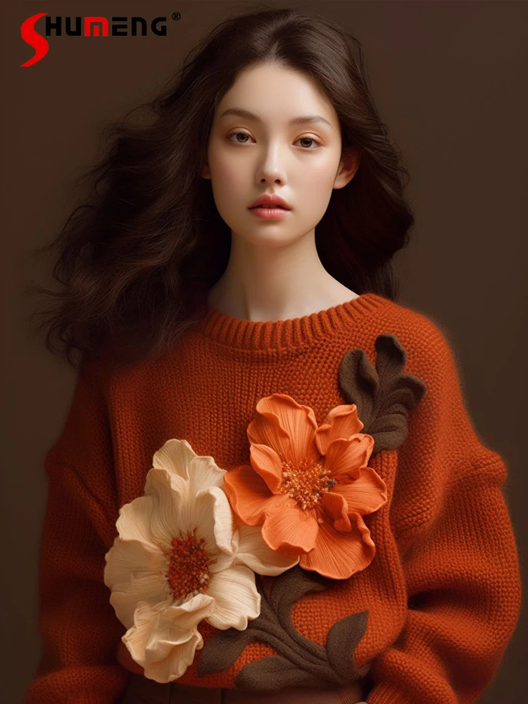 

2024 Autumn New High-end Flower Pullovers Over Size Short Sweaters Feminine Long Sleeve Nice Knitwears Ladies Chic Knitted Tops