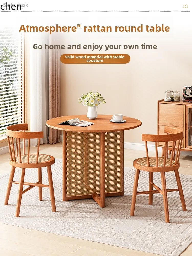 

LXC Solid Wood Rattan Dining Table and Chairs for Home Use, Homestay Style Dining Table and Chair Set, Balcony Round Table