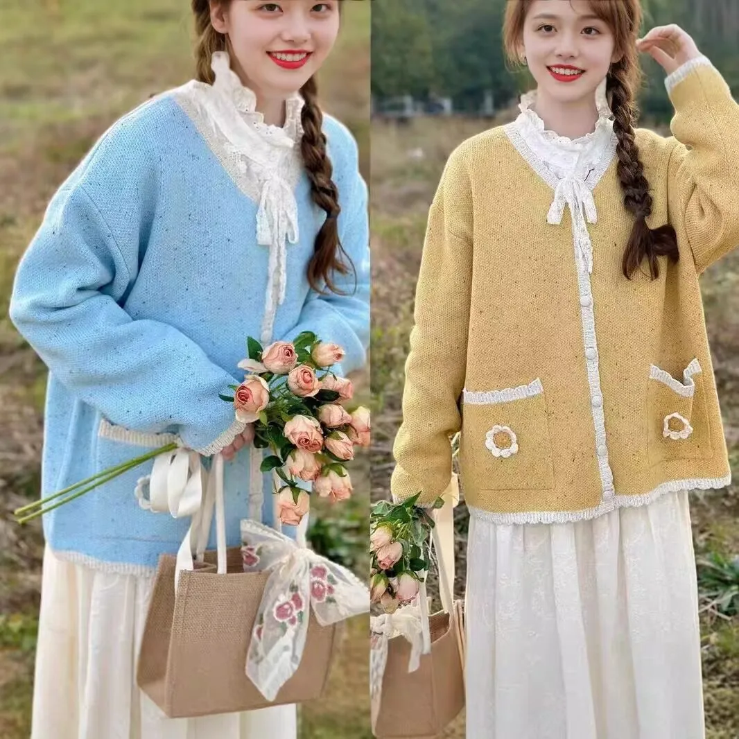 

Вязаный кардиган в японском стиле Лолиты, женский винтажный свитер, пальто, осенние милые топы с длинными рукавами