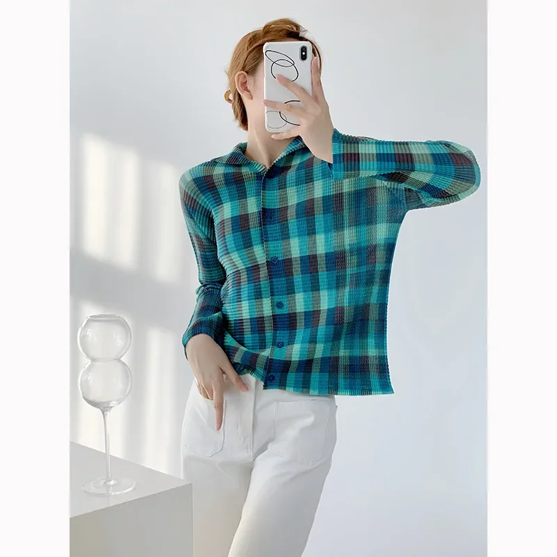 Miyake Pleated High-end Design,single Breasted Checkered Corn Grain Jacket, Women's Spring and Autumn New Comfortable Casual Top