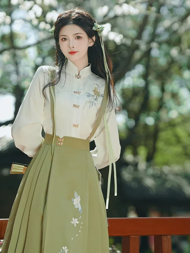 Chinese Style Retro Hanfu Set for Women Long Sleeve Embroidered Shirt+Grass Green Skirt Suit for Elegant Vintage Spring Outfits