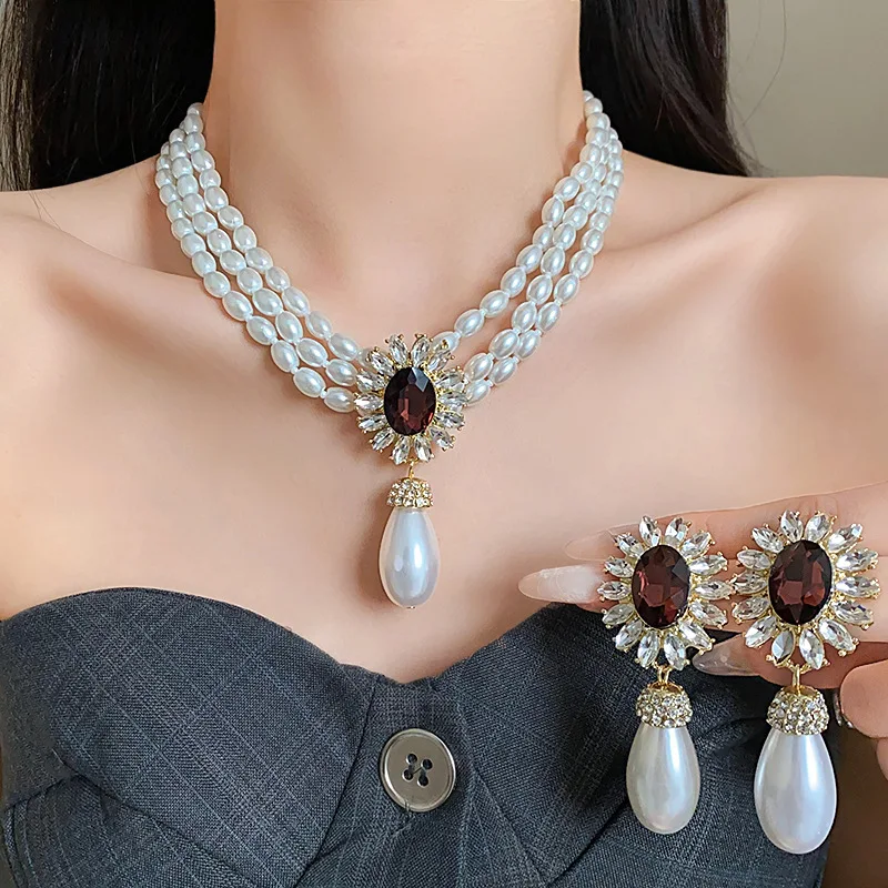 Water Drop Crystal Choker Earrings Necklaces for Women Ladies dainty style Pearl Necklaces Weddings Bride Jewelry