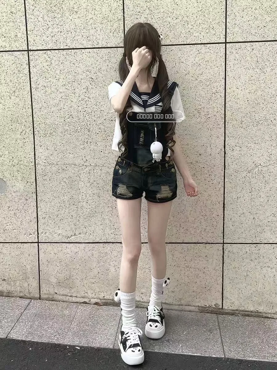 

Новый JK orm Basic White Tee-Button ort Sve Sailor Suit Student Versatile School Sle Top ort Length College Sle