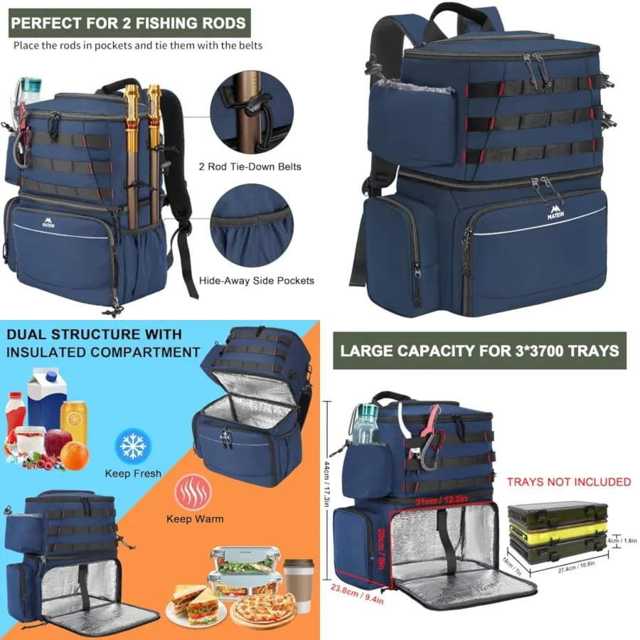 

Fishing Backpack, Water Resistant Tackle Storage Bag with Rod Holders and Cooler, Fishing Gifts for Men
