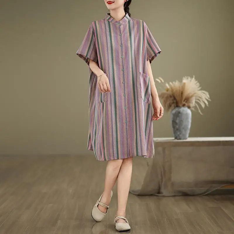 New Arrival 2024 Summer Arts Style Women Stand Collar Loose Long Shirt Double Pockets Vintage Striped Cotton Linen Blouse Tops