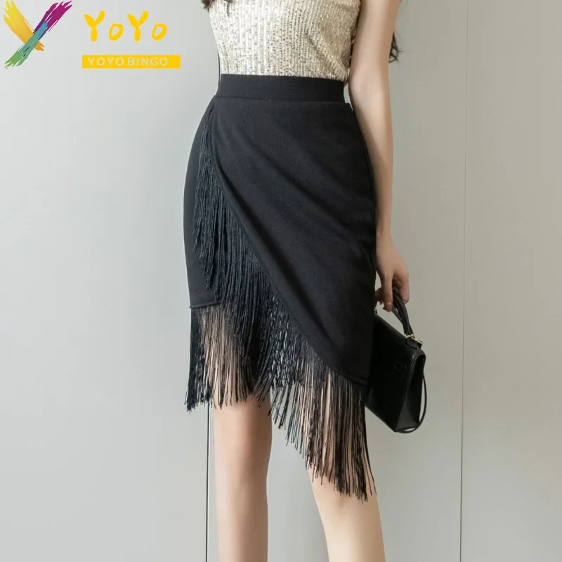 

Elegant Tassel Elastic Waist Irregular Dance Skirt Women 2024 Fashion New High-waisted Slim Bodycon Nightclub Skirt