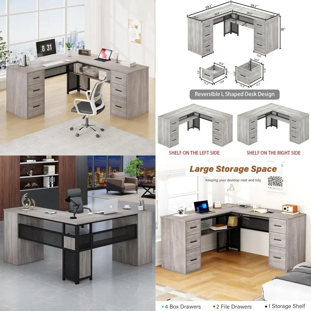 

Large L-Shaped Desk with Storage and File Cabinet, Corner Computer Desk with Drawers and Shelves, Home Office Metal Furniture