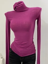 Thin Soft American Long Sleeve T-shirt High Stacked Neck Tight Perspective Bottom Shirt Women's Slim Fit Tops Sexy Streetwear