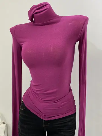 Thin Soft American Long Sleeve T-shirt High Stacked Neck Tight Perspective Bottom Shirt Women's Slim Fit Tops Sexy Streetwear