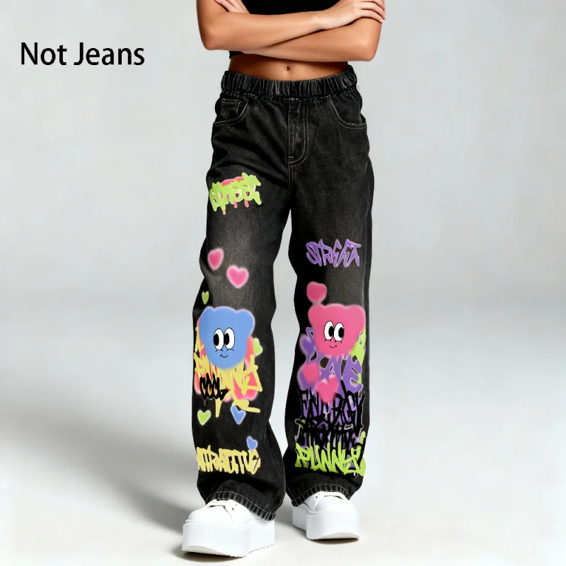 

2025 Hot Sale Children's Cartoon Bear Graffiti Printed Pants - Elastic Waist Street Style Loose Wide Leg Pants
