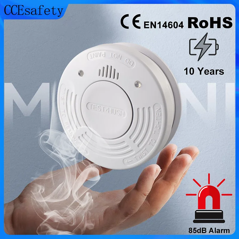 

Детектор дыма фотоэлектрический с датчиком, 10-летний срок службы, встроенный аккумулятор CR123A, кнопка отключения звука, одобрен CE EN14604, для дома