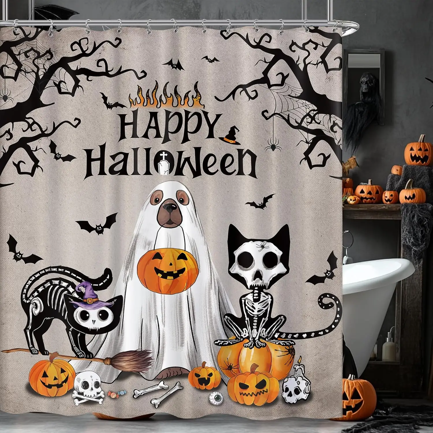 

Хэллоуин призрак собака кошка забавная жуткая тыква занавеска для душа для ванной комнаты милый забавный декор для ванны