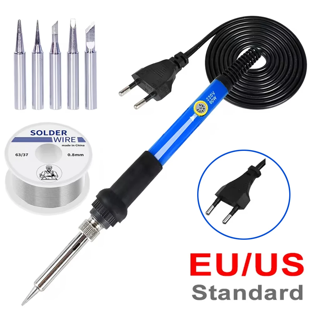 Solder besi listrik suhu dapat diatur, alat perbaikan ujung pensil panas biru Stasiun ulang Solder las 220V 110V 60W