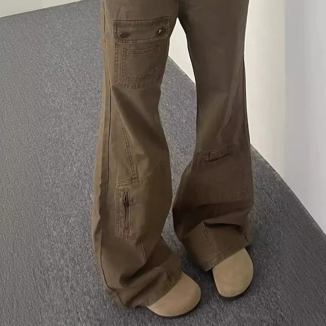 New Retro Khaki Work Jeans for Spring and Summer. Women's American High Street Style Low-waisted Denim Slightly Flared Trousers