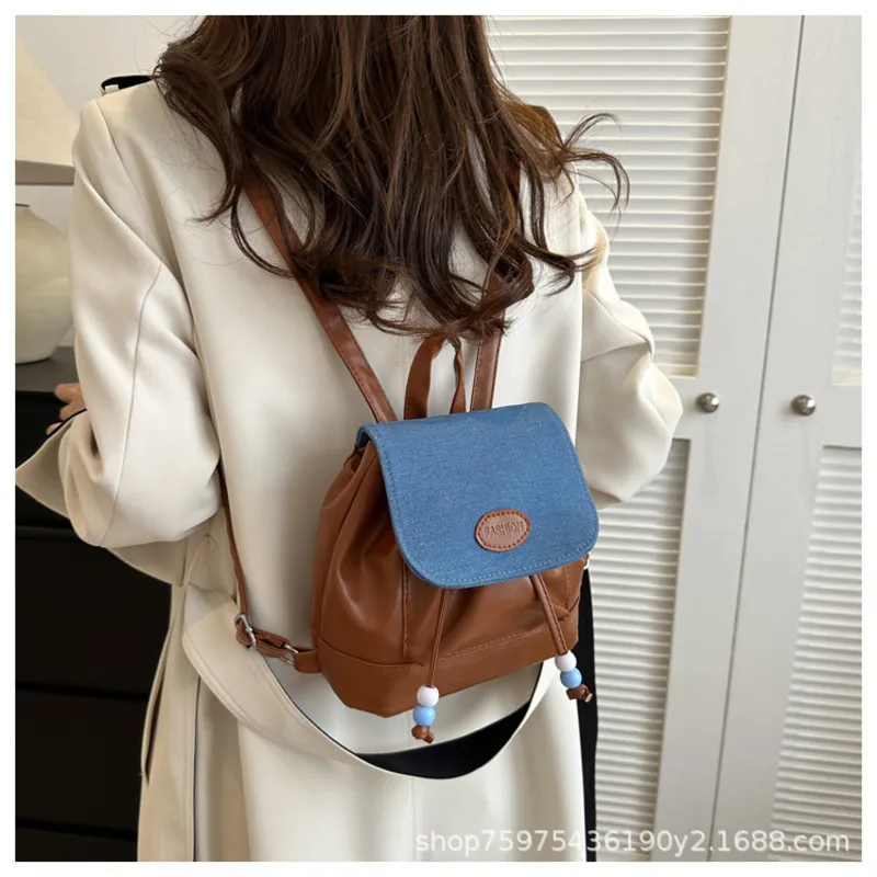 2024 New Fashionable Simple Handbag Stylish Girl Single Shoulder Small Backpack Retro Splicing Versatile Large Capacity Backpack