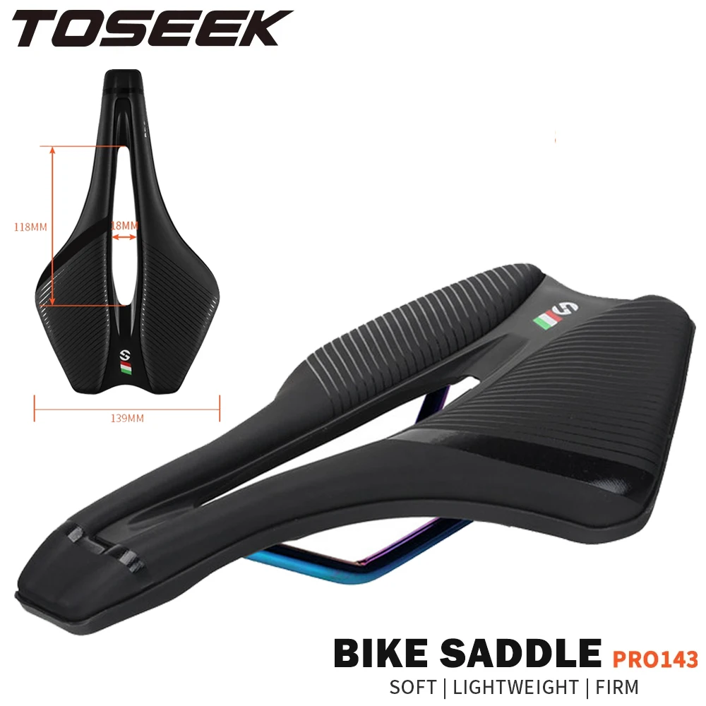 TOSEEK Racing Bicycle Saddle Training Grade Man MTB Road Bike Tt TimeTrial Triathlon Bike Lightweight Cushion Black-Dazzle Rail