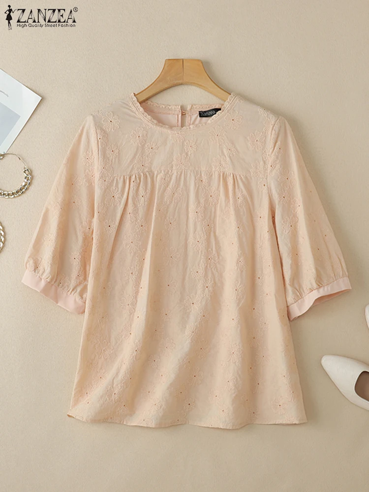 

ZANZEA Summer Women Blouse Embroidery Tops 2025 Fashion Puff Sleeve Casual Loose Shirts Solid Color Office OL Blusas Femininas