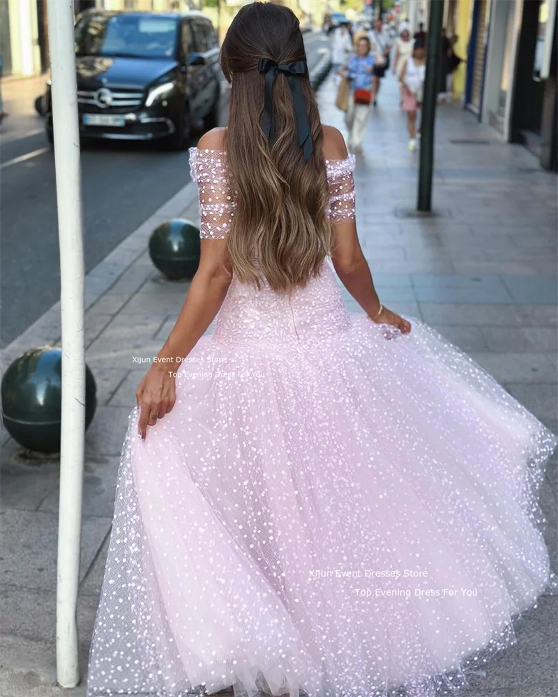 Xijun Fairy Blush Pink Evening Dresses Tulle Dotted A-Line Long Prom Dresses Ankle Length Boat Neck Birthday Party Gowns 2025