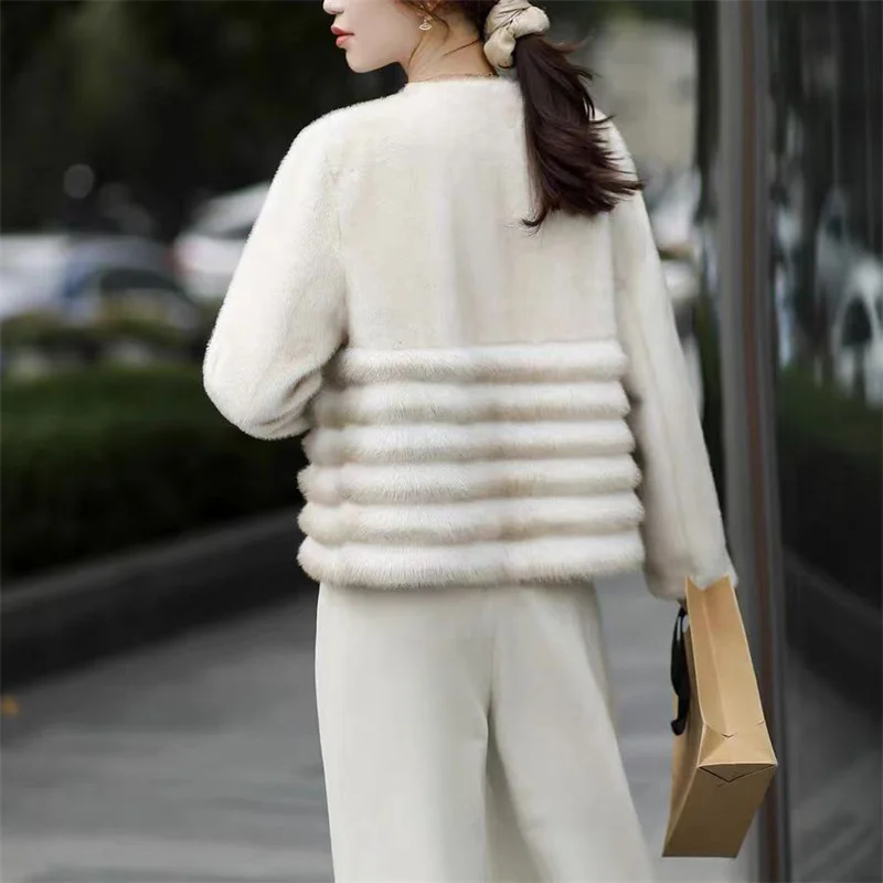 Modny damski gruby ciepły płaszcz ze sztucznego futra, krótki, z okrągłym dekoltem, długi rękaw, odzież wierzchnia damska, eleganckie topy, damskie płaszcze zimowe.