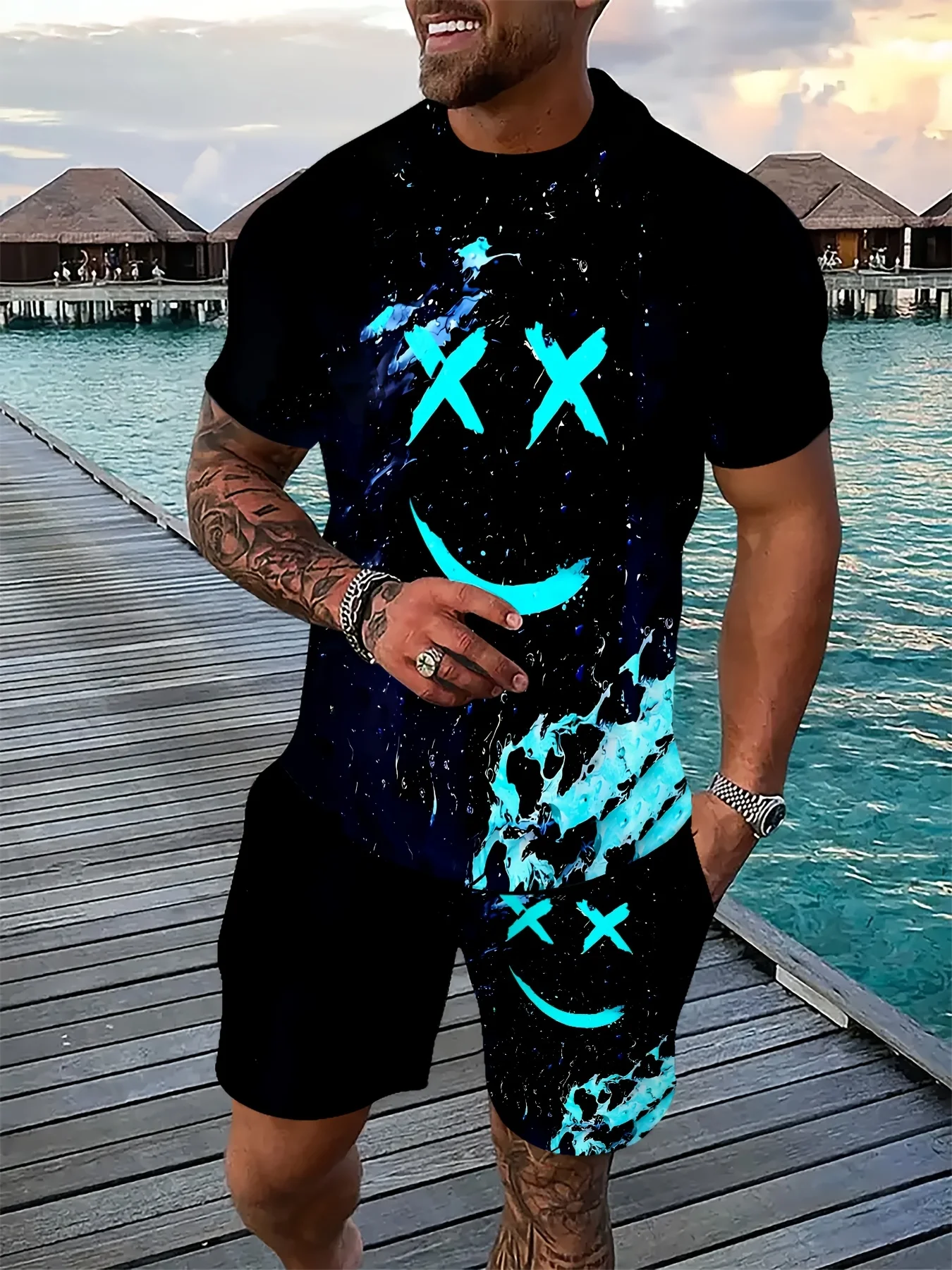 

Funny 3D Demon Face Print Men Short Sleeve T-Shirt Shorts Two Piece Sets Hip Hop Trend Harajuku Streetwear Summer Casual Outfit