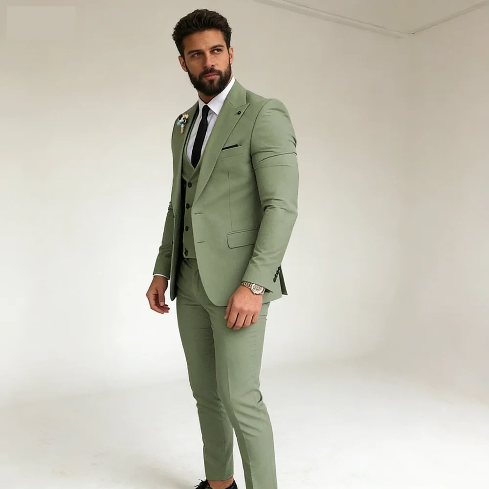 

3PCS Men's Tuxedo Suits Set with Peak Lapel Blazer Double Breasted Vest And Pants for Wedding And Business Casual Occasions
