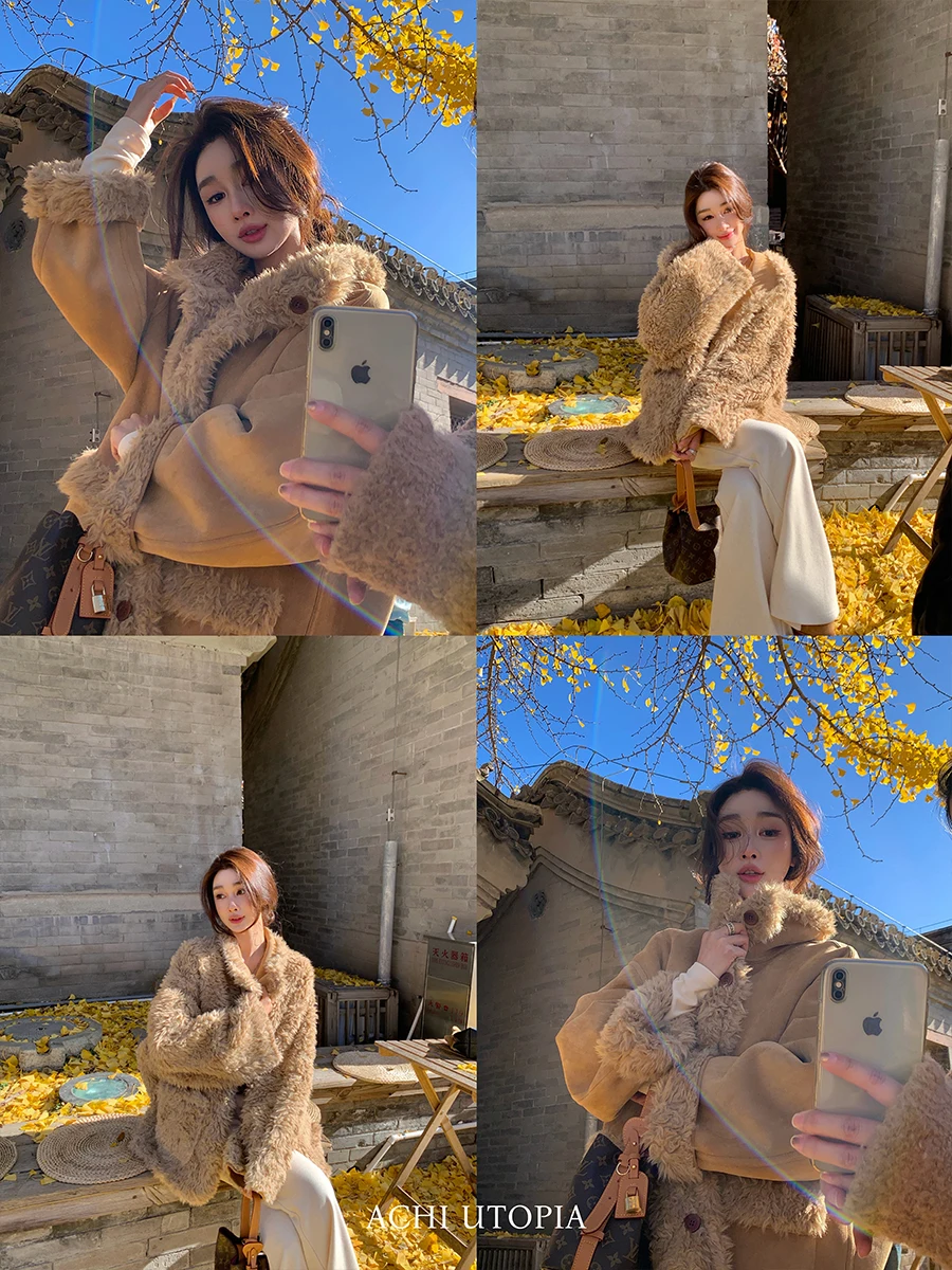 Jaqueta de Motocicleta Feminina Dupla Face em Camurça e Pele Sintética Cor Café Achi - Agasalho Quente com Forro Integrado de Pele e Pelo