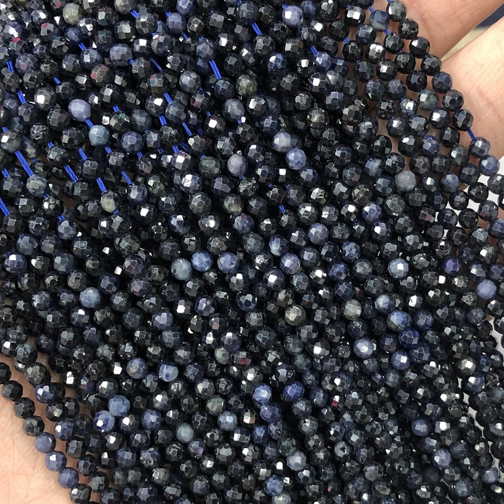 Natural Dark Sapphire Faceted Round / Cube Beads 2mm,3mm,4mm,For Jewelry Making DIY Bracelets Necklace , Length 39cm