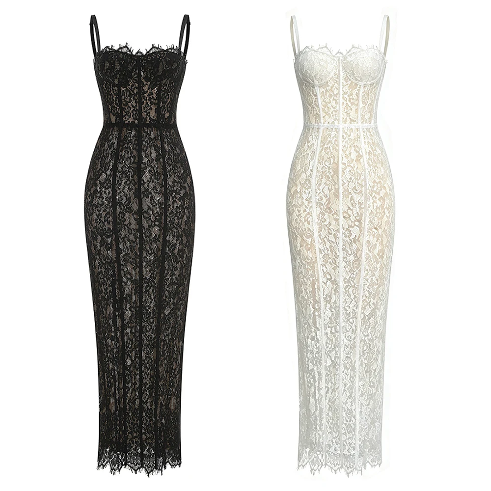 Fashionable Elegant Lace Corset Maxi Dress Vintage Spaghetti Strap Bustier Bodycon Evening Gown for Dinner Party Wedding Guests