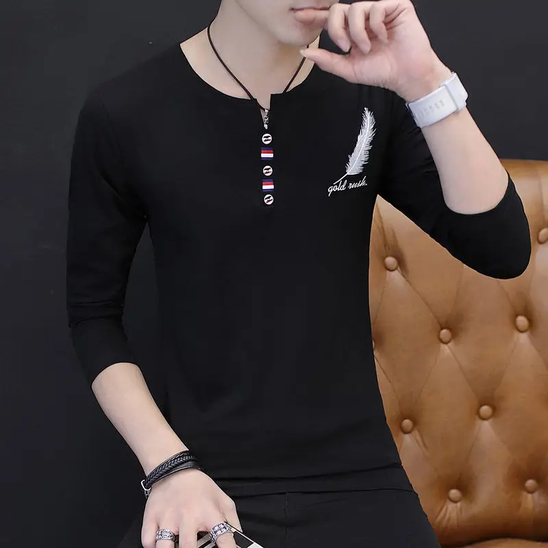 Fashion V-Neck Solid Color Button Spliced Loose Korean T-Shirt Men Clothing 2022 Autumn New Casual Pullovers All-match Tee Shirt