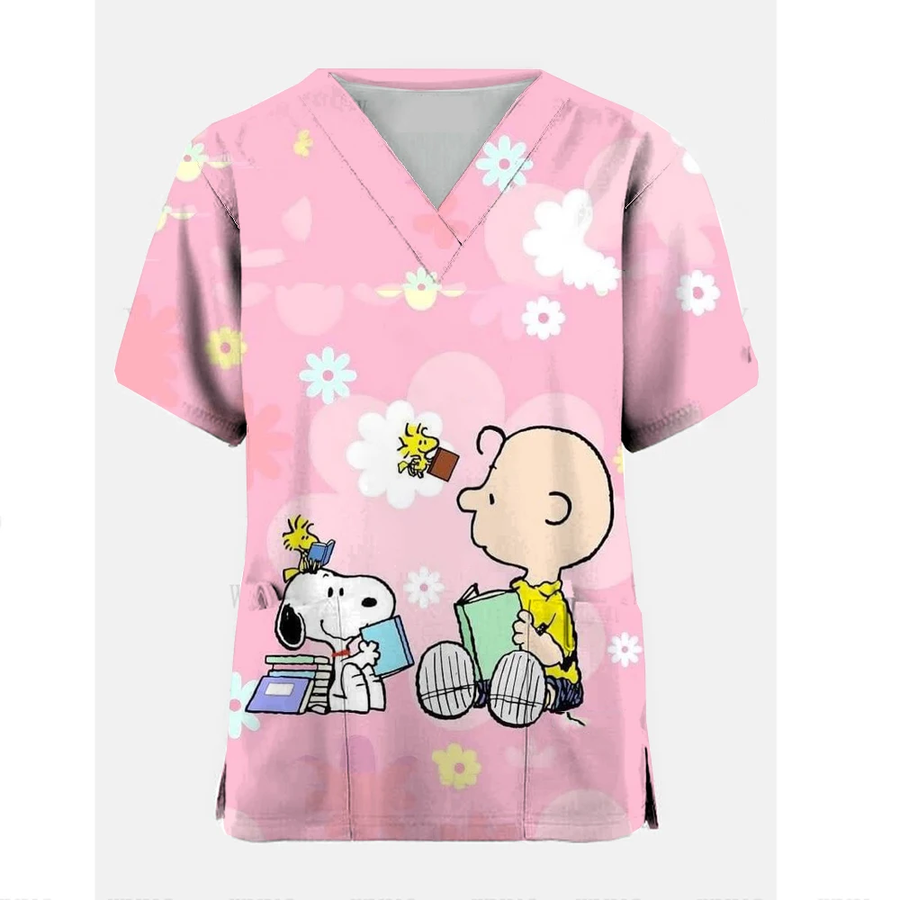 Nurse Uniform Women Short Sleeve Snoopy  print Working Uniform Pocket Blouse Scrubs Tops Nursing Medical Uniforms Accessories