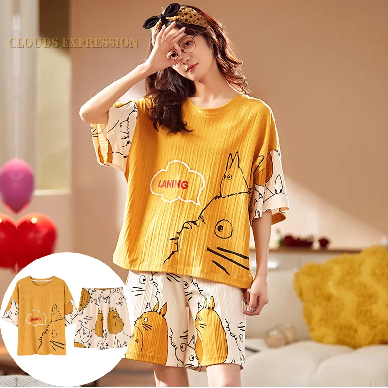 Summer new Women Pyjamas Cartoon Pajamas Sets Sleepwear Casual Nightwear Pijama Mujer Shorts short sleeve M-2XL home clothes set