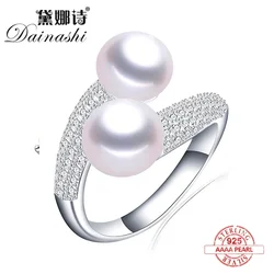 2026 New Double Pearl Adjustable Natural Freshwater Pearl Original 925 Sterling Silver Zircon Women's Ring Fine Bridal Jewelry