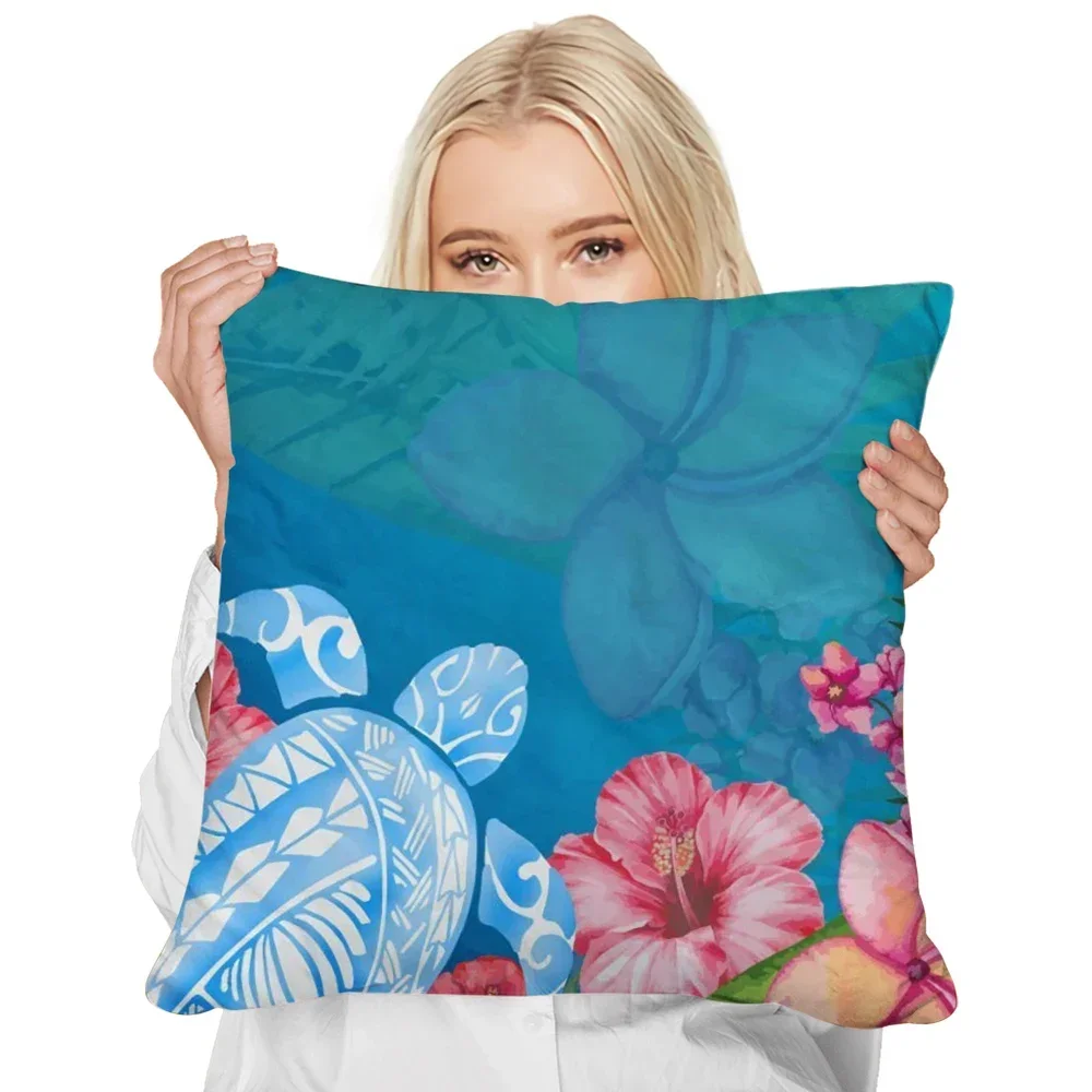 Polynesia Cushion Cover Frangipani Sea Turtle Tattoo   All Over Printed Pillow Case Polyester   Pillowcase