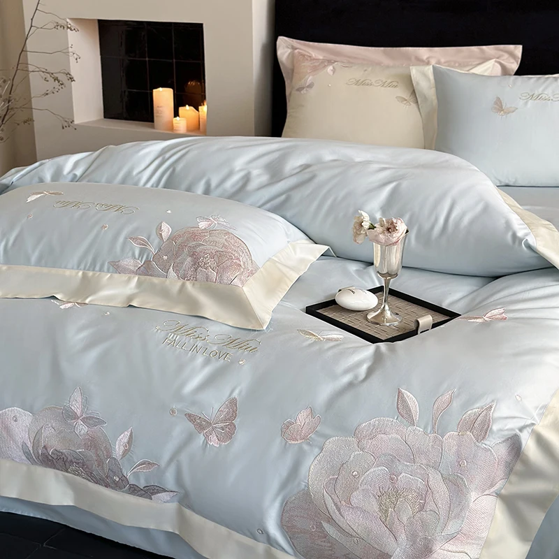 4Pcs Pink Butterfly Flowers Embroidery Bedding Set 1000TC Egyptian Cotton Duvet Cover Set Bed Sheet/Fitted Sheet Pillowcases