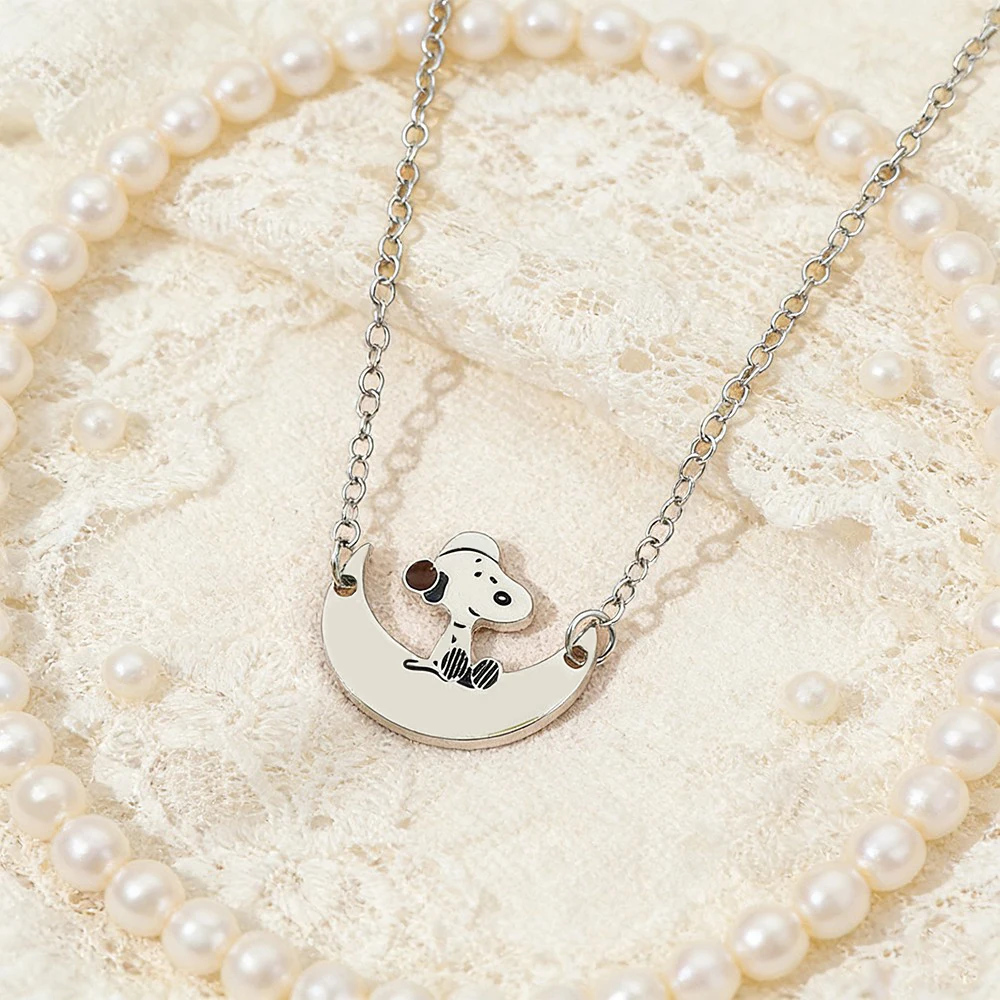 Anime Snoopy Moon Necklace Cartoon Fashion Simple Metal Pendant Jewelry Accessory for Friends Gift