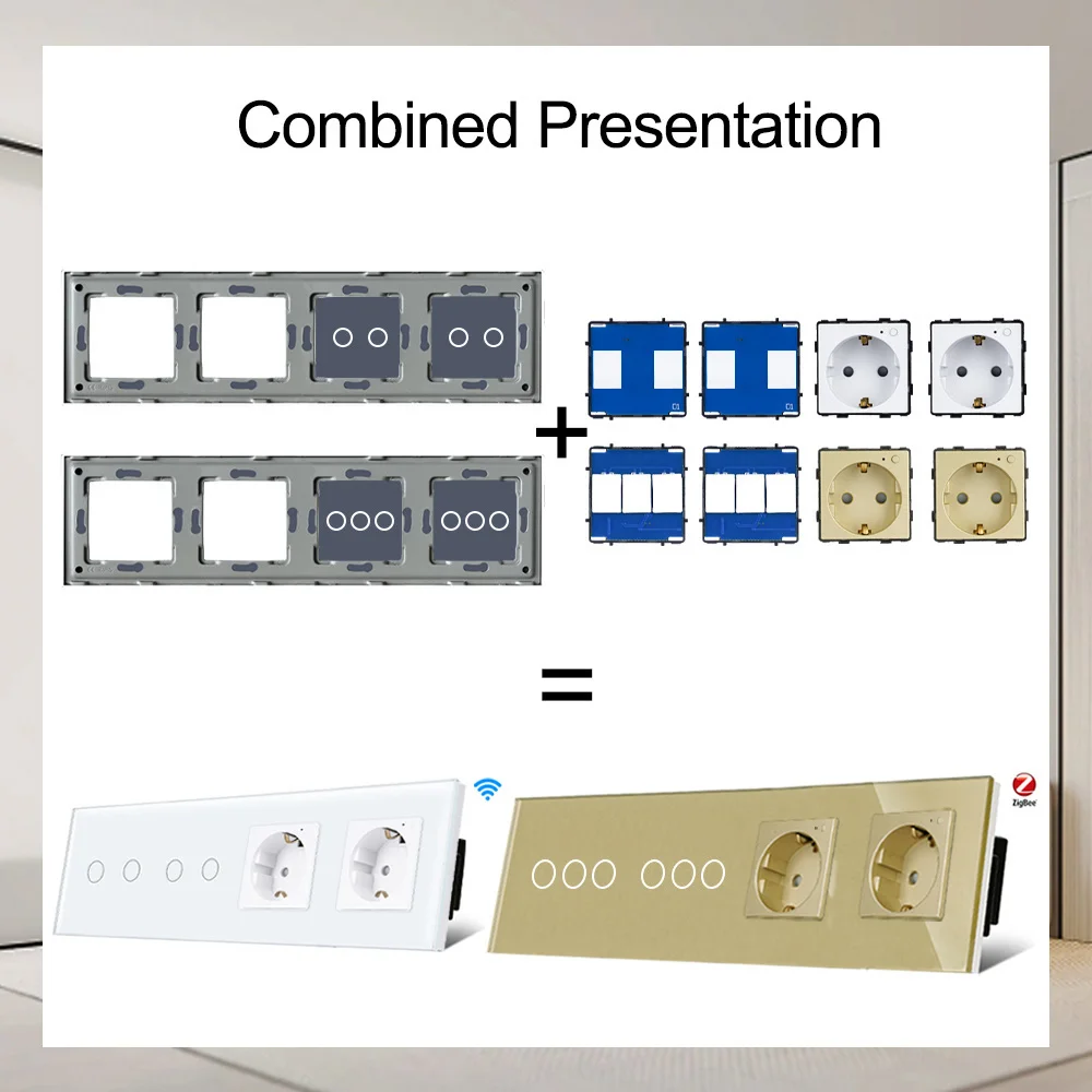 TAWOIA 299mm Glass Frame Quadruple Combination Tempered Glass With Metal Frame For Home Wall Switch Power Socket Function Part