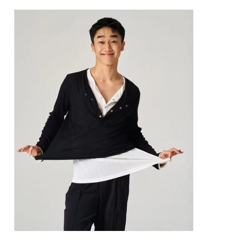 2025 New Latin Dance Tops For Men Loose Long Sleeved Shirts Samba Chacha Tango Adult Male Latin Dance Practice Clothes DQS21375