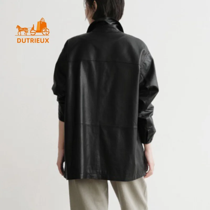 Giacca da donna in vera pelle di media lunghezza con risvolto autunno e inverno, vera pelle di pecora al 100%, cappotto versatile alla moda semplice e generoso