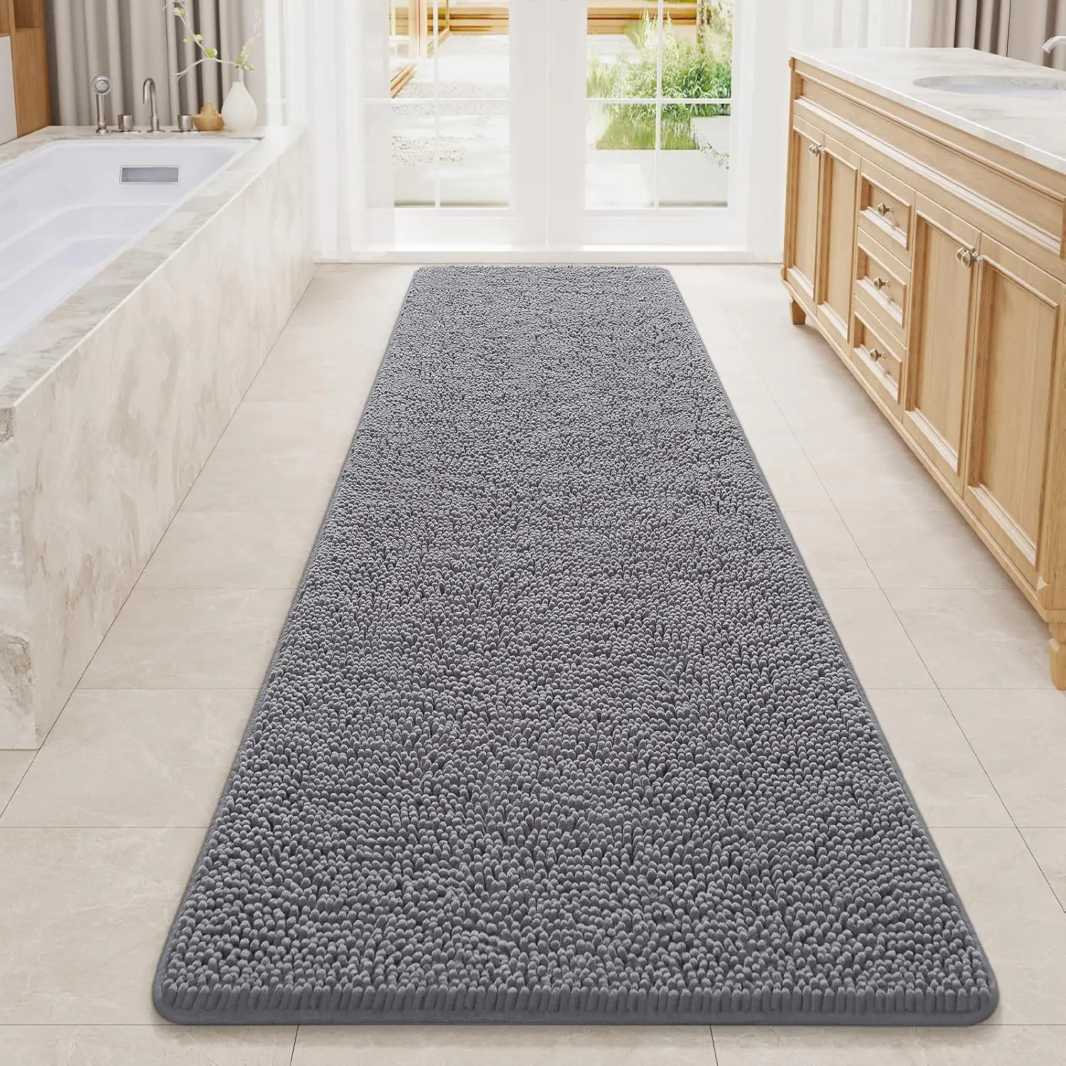 

Luxury Shaggy Bath Mat 24x80 Inch, Washable Non-Slip Plush Chenille Absorbent Rug for Bathroom Shower, Soft Grey