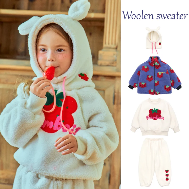 

Lamb Wool Double-sided Cotton-padded Coat BEBE2024 Autumn and Winter New Boys and Girls Warm Hoodie Set Korean Version of Kids