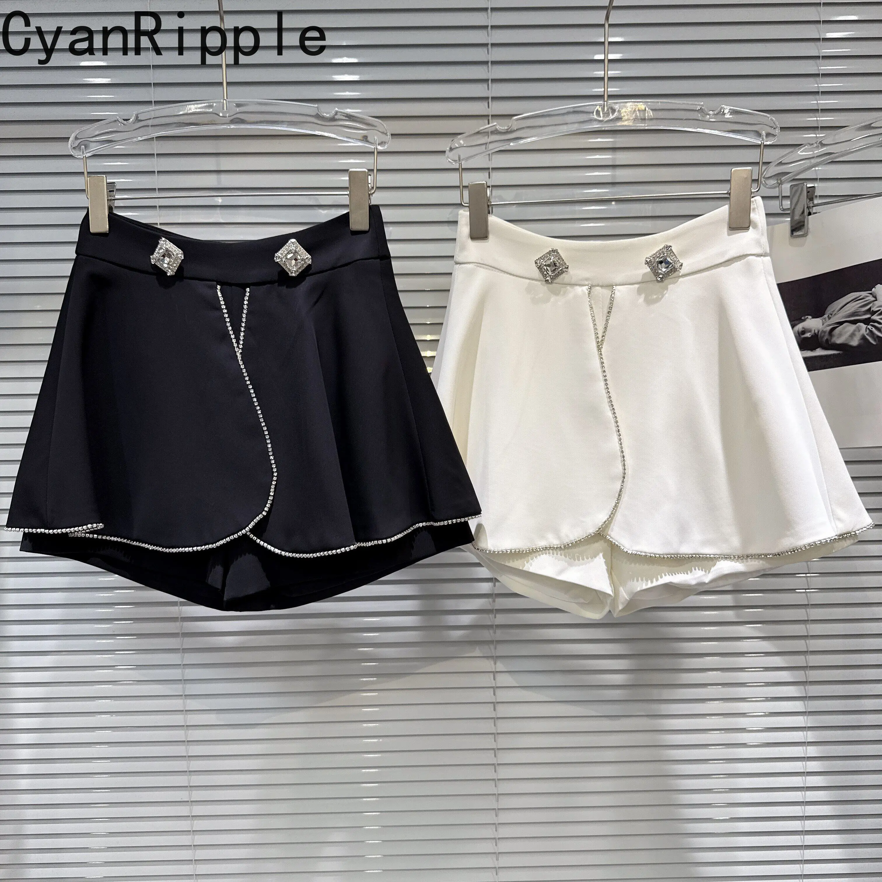 

2026 New Summer Elegant Rhinestone Buckle High Waist Women Shorts Skirt Shiny Diamonds Solid Color Faux Two-piece A-line Skirts