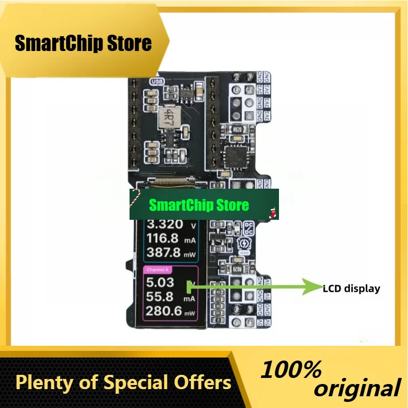 SmCpXIAO PowerBread Breadboard Power Supply Meter Dual-Channel Sensing Real-Time Data Color LCD Compatible XIAO DevBoard Open-So
