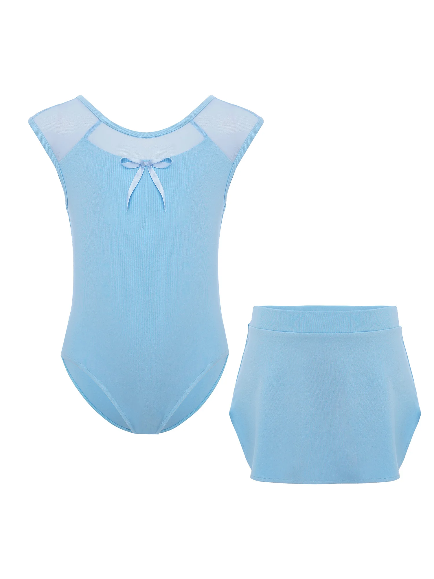 Body da danza classica per bambina, girocollo, senza maniche, con nodo, ritaglio sul retro, body con fiocco patchwork in rete trasparente con gonna a fessura laterale