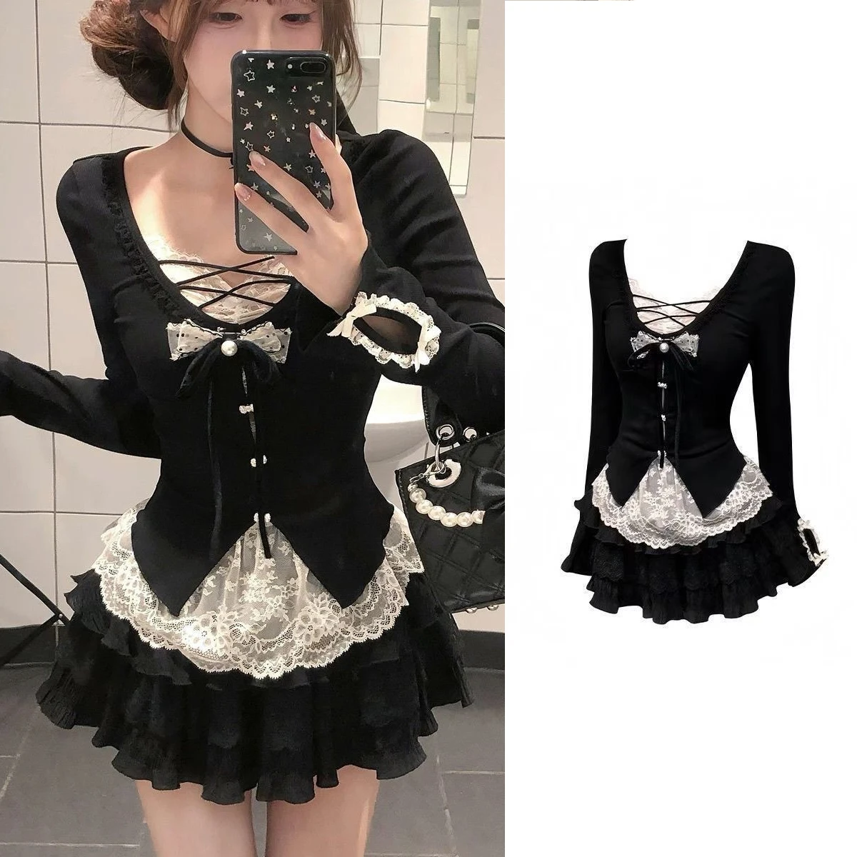 Japanese Kawaii Lolita Skirt Two Piece Set Sweet Slash Neck Top + Plaid Skirt Sweet Girl Aesthetics Clothing Skirt Suit